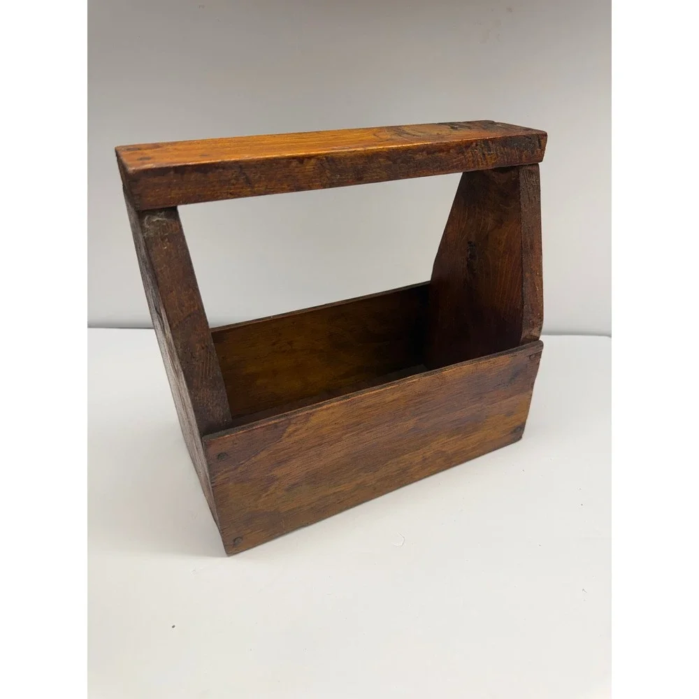 Vintage Handmade Wooden Tool Box Caddy Rustic Primitive Storage Carrier Brown